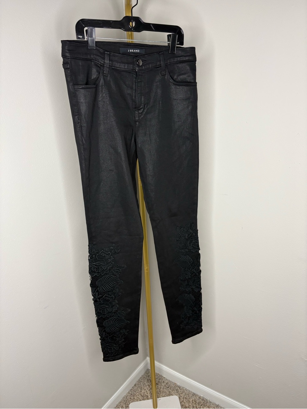 J Brand Black Skinny Jeans with Lower Leg Embroidery